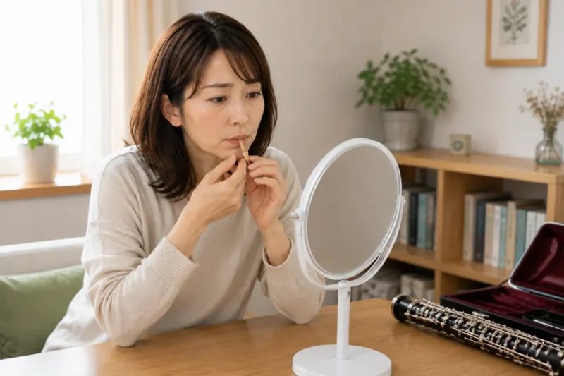 オーボエ初心者が鏡を見ながらリードのくわえ方を確認している様子