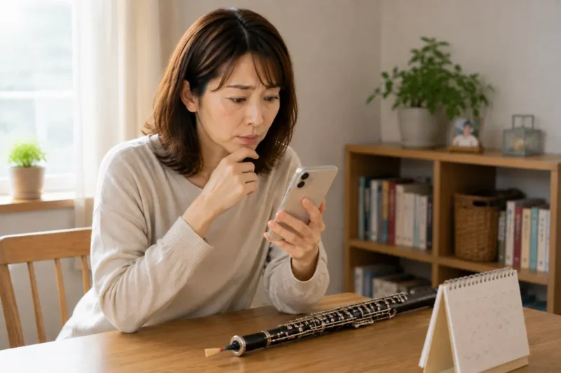 自宅でスマホを使ってオーボエ教室を探している38歳女性